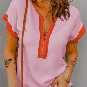 Rose Red Contrast Trim‎ Color Block Front Zipped T Shirt